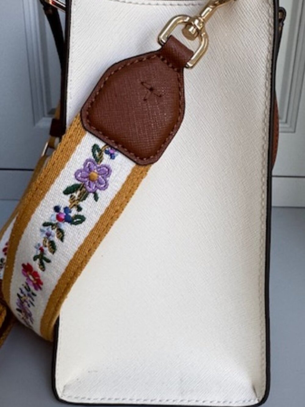 Tory Burch Cream Leather Satchel with Brown Handles and Yellow Floral Strap - Picture 5 of 14